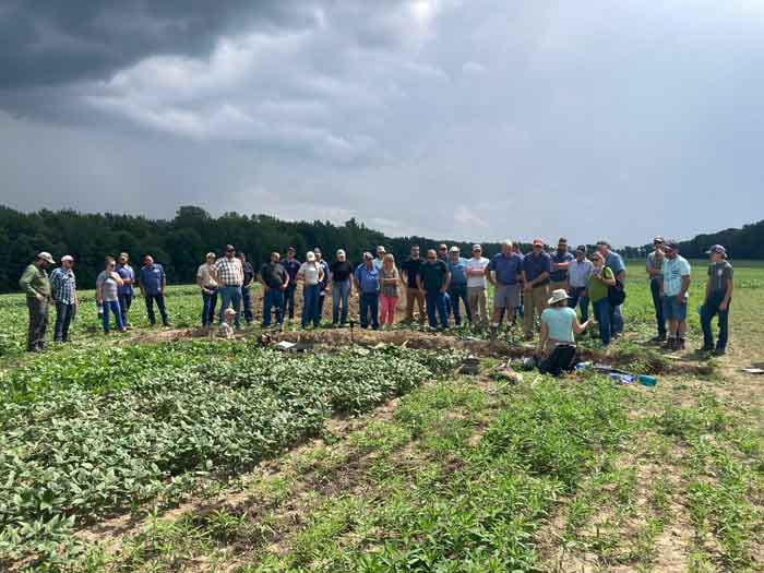 participants in the field at a soil health event. There are some green crops growing, a soil pit demonstration, and a dark cloudy sky.