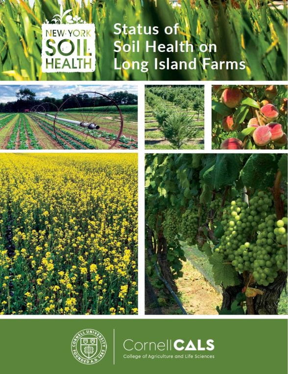 Report cover page for "Status of Soil Health on Long Island Farms", contains a college of photos of crops and cover crops.
