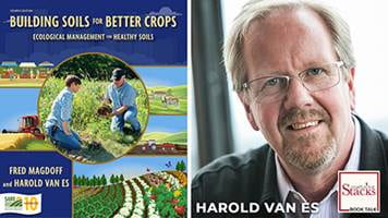 Bookcover collage of agricultural images and portrait of Harold van Es