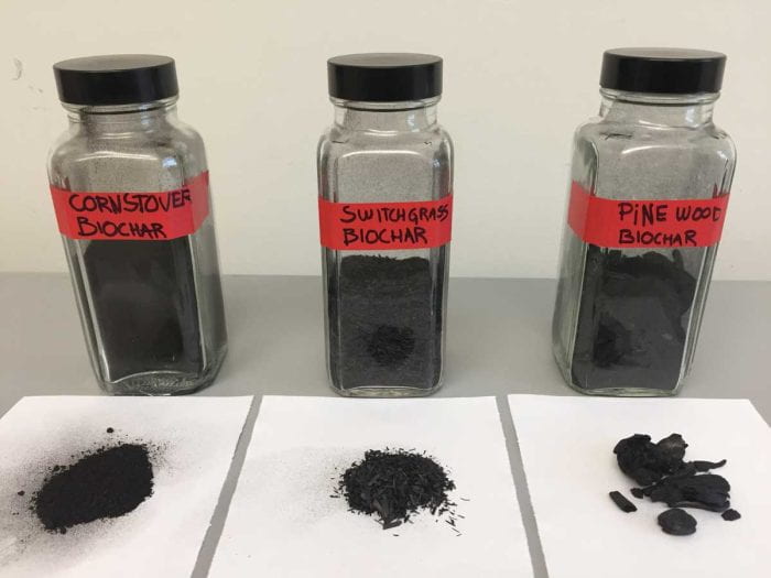 Different biochar types: cornstover, switchgrass, and pine wood. From left to right the samples are smaller grained to larger particles.
