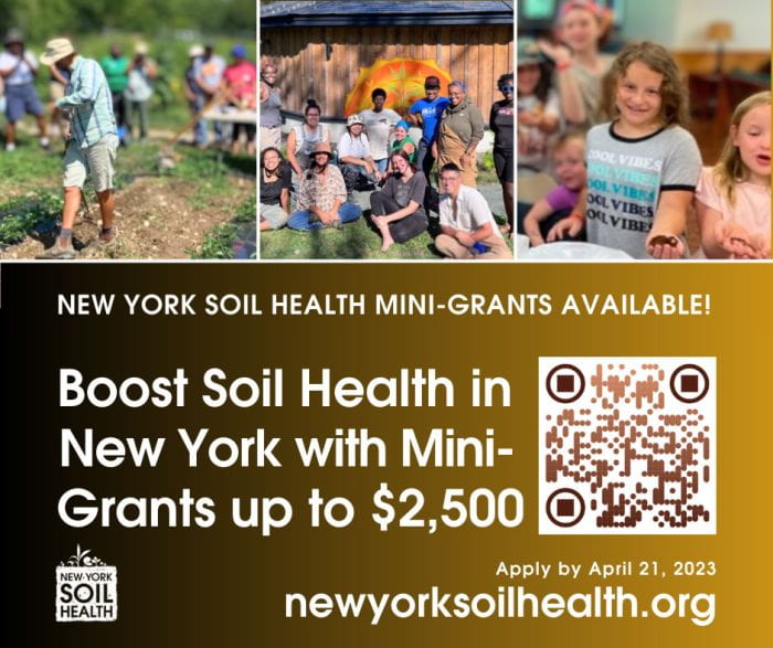 Flyer with three images from previous mini-grant recipients showcasing soil health building projects.