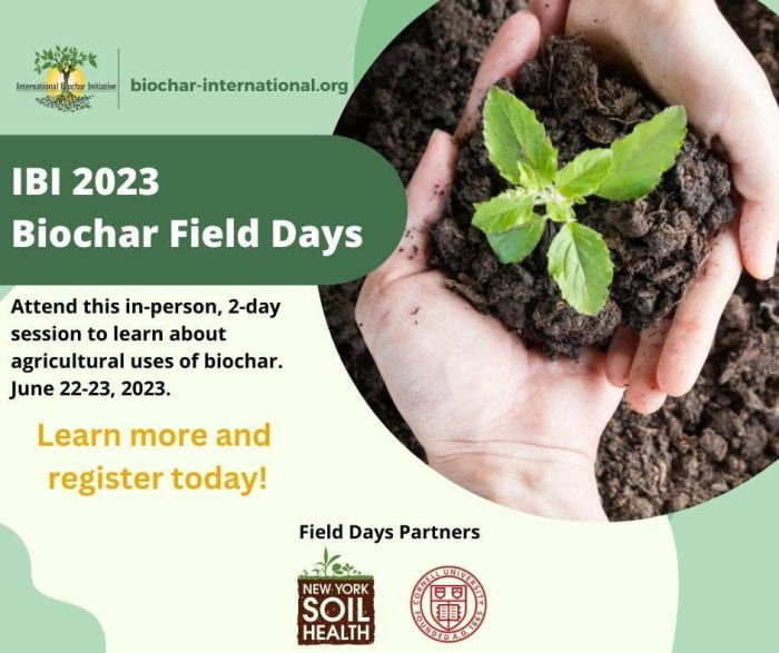 Flyer for IBI biochar field days, a hand with soil and small plant and text about the program.