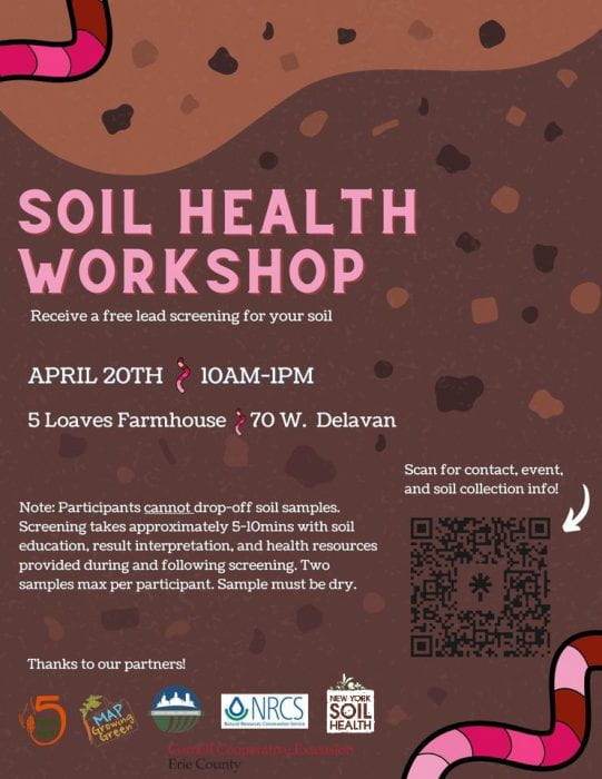 Flyer for soil health workshop in Buffalo on 4/30/2024. The scene is a illustration of soil particles with earthworms